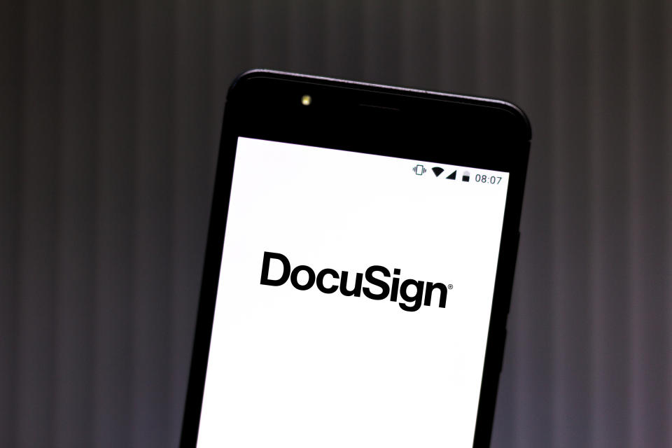 BRAZIL - 2019/07/11: In this photo illustration a DocuSign logo seen displayed on a smartphone. (Photo Illustration by Rafael Henrique/SOPA Images/LightRocket via Getty Images)