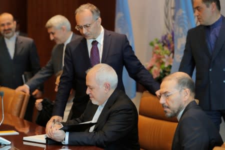 Iranian Foreign Minister Javad Zarif arrives for a meeting at United Nations Headquarters in the Manhattan borough of New York