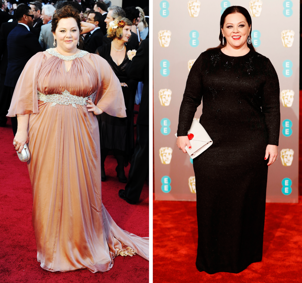 Left, at the Oscars on February 26, 2012; right, at the 2019 BAFTAs on February 10.