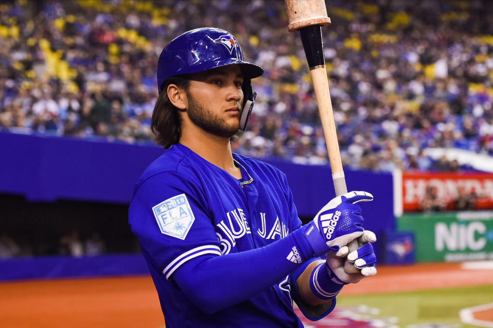 MONTREAL, QC - MARCH 25: Look on Toronto Blue Jays infielder Bo Bichette (66) during the Milwaukee Brewers versus the Toronto Blue Jays spring training game on March 25, 2019, at Olympic Stadium in Montreal, QC (Photo by David Kirouac/Icon Sportswire via Getty Images)