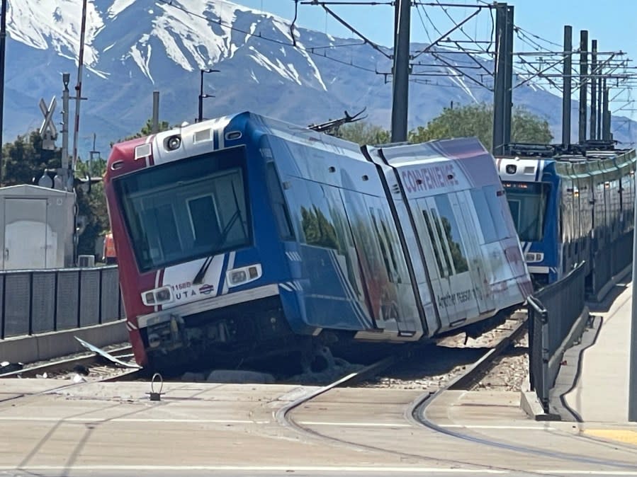 A TRAX train is seen off the tracks after an incident on the afternoon of May 12, 2024. (KTVX/Jose Tabares)