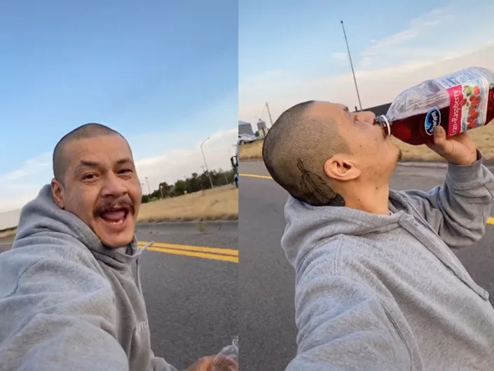 Screenshots from the viral TikTok video of Nathan Apodaca skateboarding to work, drinking cranberry juice and singing to 