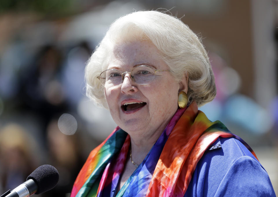 FILE - Attorney Sarah Weddington speaks during a women's rights rally on Tuesday, June 4, 2013, in Albany, N.Y. Weddington, who at 26 successfully argued the landmark abortion rights case Roe v. Wade before the U.S. Supreme Court, died Sunday, Dec. 26, 2021. She was 76. (AP Photo/Mike Groll, File)