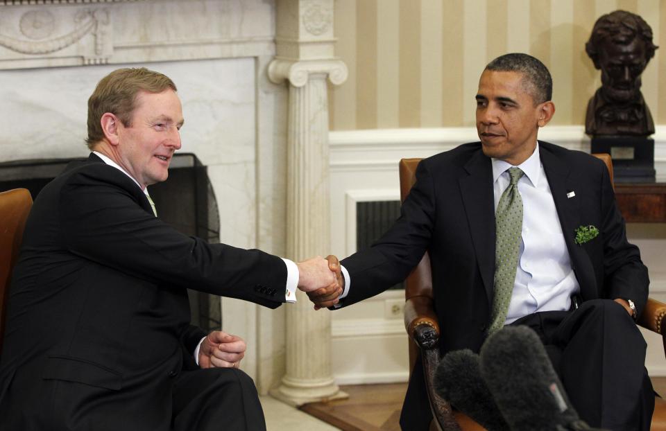 President Barack Obama shakes hands with Irish Prime Minister Enda Kenny during their meeting in the Oval Office of the White House in Washington, Tuesday, March, 20, 2012. (AP Photo/Pablo Martinez Monsivais)