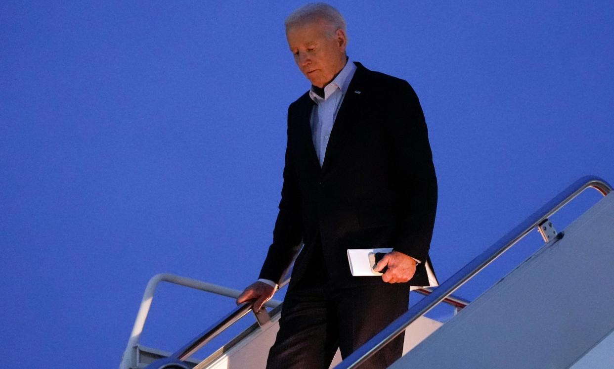 <span>President Joe Biden arrives on Air Force One at Andrews Air Force Base, Maryland, 30 April.</span><span>Photograph: Evan Vucci/AP</span>