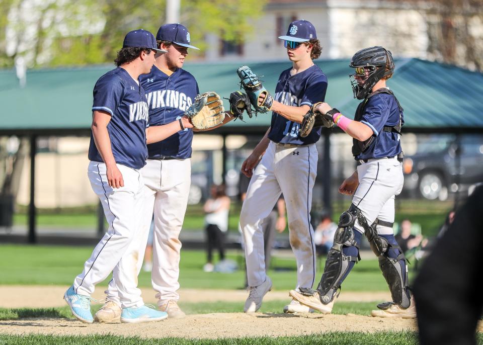 From left, East Bridgewater's Jaden Lovell, Garrett Berry, Collin Meserve and Joey Foley during a game against Bristol-Plymouth at Hopewell Park in Taunton on Monday, April 29, 2024.