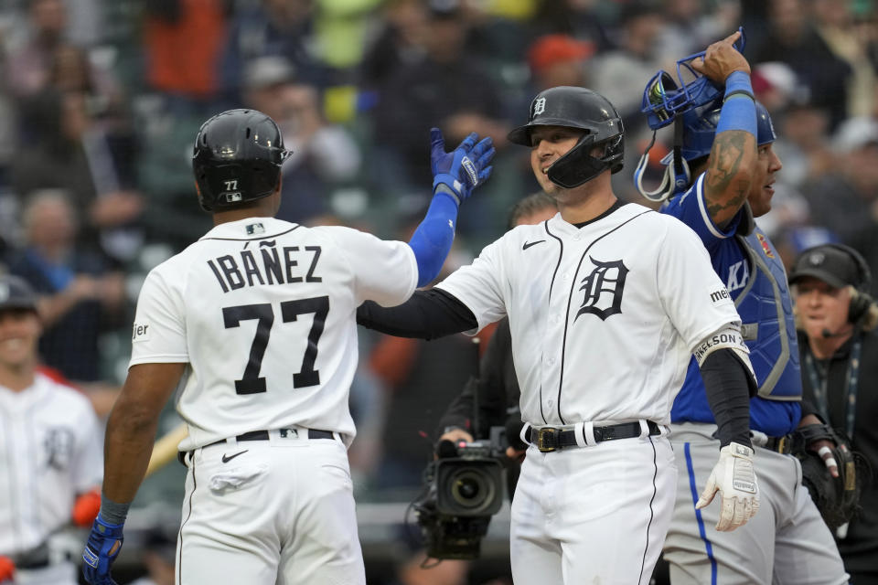 Detroit Tigers' Spencer Torkelson, right, celebrates his three-run home run with Andy Ibanez (77) against the Kansas City Royals in the seventh inning of a baseball game, Thursday, Sept. 28, 2023, in Detroit. (AP Photo/Paul Sancya)