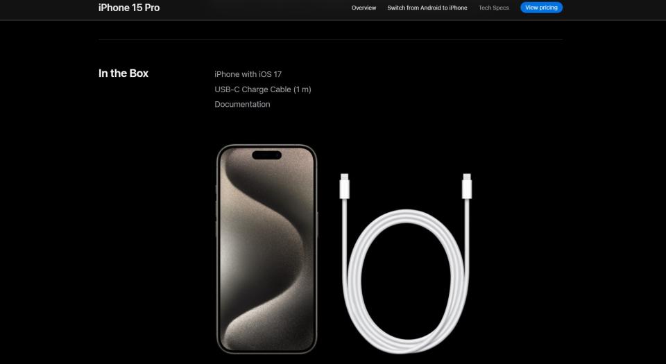 De acordo com o site da Apple, o cabo que vem na caixa é um cabo de carregamento USB-C de um metro com velocidade de dados USB 2 de 480 Mbps.