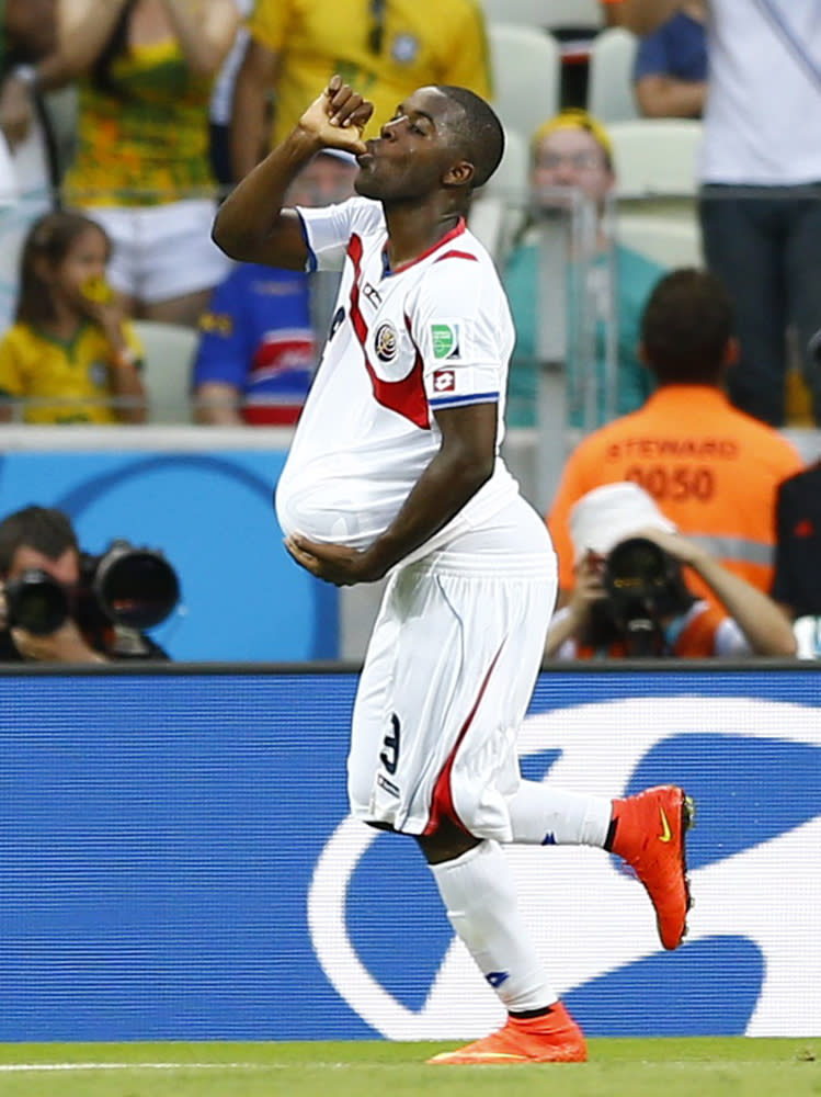 Costa Rica's Joel Campbell celebrates after scoring a goal during their 2014 World Cup Group D soccer match against Uruguay at the Castelao arena in Fortaleza June 14, 2014. (Marcelo Del Pozo/Reuters)