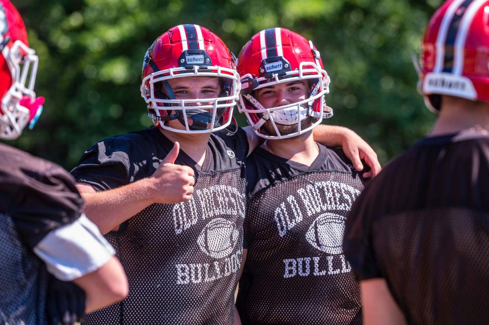 Old Rochester offensive linemen Konstantinos Jorjakis and and Kyle Smith are all smiles during the first day of practice.