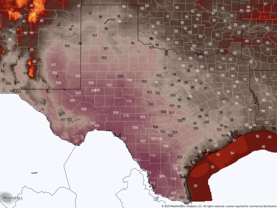 Brutal heat bedded in across Texas on Wednesday after days of extreme temperatures (WeatherBell.com)