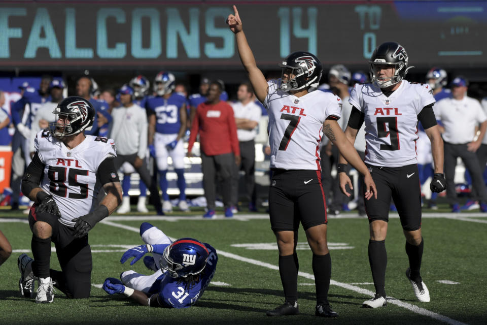 Atlanta Falcons kicker Younghoe Koo (7) reacts after kicking the game-winning field goal during the second half of an NFL football game against the New York Giants, Sunday, Sept. 26, 2021, in East Rutherford, N.J. (AP Photo/Bill Kostroun)