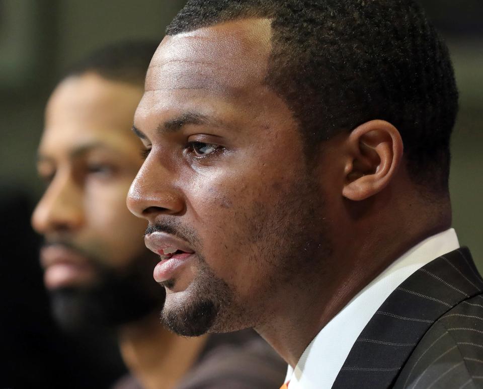 Cleveland Browns quarterback Deshaun Watson responds to reporters during his introductory press conference March 25 at the Cleveland Browns Training Facility.