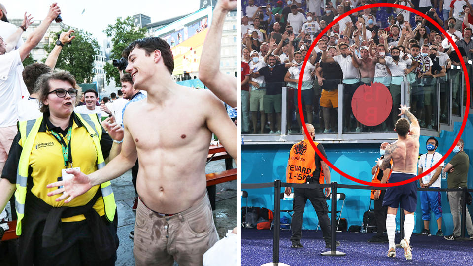 A fan is told to sit down at Trafalgar Square (pictured left) after England defeated Ukraine and (pictured right) fans packed together celebrating Kieran Trippier at the Euros.