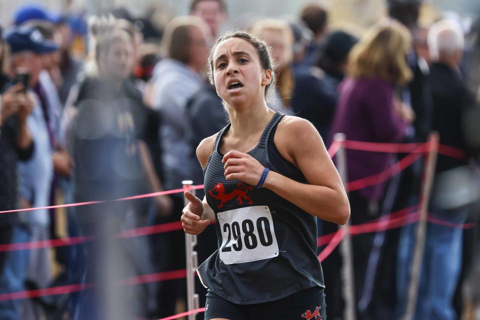 Leah Horgan of St. Andrews finishes the girls division II race at the DIAA Cross Country Championships Saturday, Nov. 11, 2023; at Brandywine Creek State Park in Wilmington, DE.