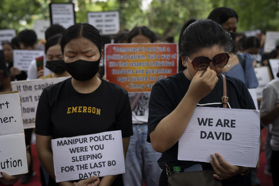 A female Kuki tribal protestor cries during a demonstration against deadly ethnic clashes in the country's northeastern state of Manipur, in New Delhi, India, Saturday, July, 22, 2023. Protests are being held across the country after a video showed a mob assaulting two women who were paraded naked. Thousands of people, mostly women, held a massive sit-in protest in India's violence-wracked northeastern state of Manipur state demanding immediate arrest of those involved in the harrowing assault. (AP Photo/Altaf Qadri)