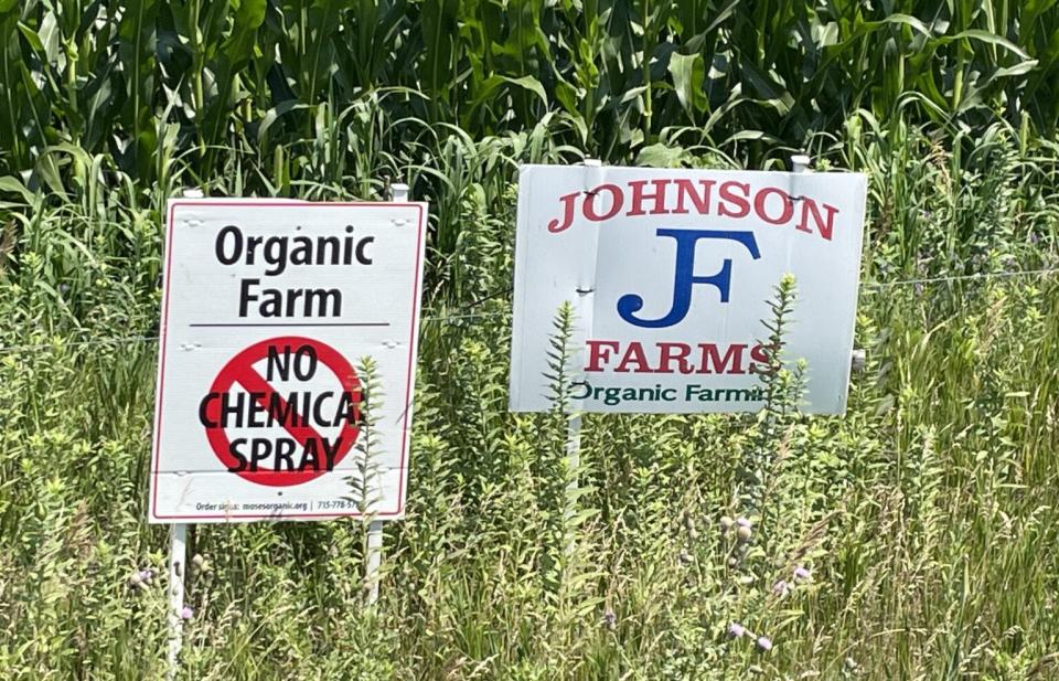 Charlie Johnson and his family have placed signs in the ditches along their organic crop fields to prevent other farmers or contractors from mistakenly applying fertilizers, herbicides or pesticides to their crops.