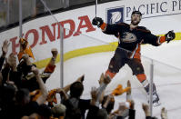 <p>Anaheim Ducks center Andrew Cogliano celebrates after scoring during the second period in Game 7 of a second-round NHL hockey Stanley Cup playoff series against the Edmonton Oilers in Anaheim, Calif., May 10, 2017. (Photo: Chris Carlson/AP) </p>