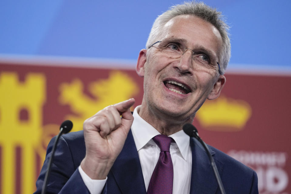 NATO Secretary General Jens Stoltenberg speaks during a press conference during a NATO summit in Madrid, Spain on Tuesday, June 28, 2022. North Atlantic Treaty Organization heads of state will meet for a NATO summit in Madrid from Tuesday through Thursday. (AP Photo/Bernat Armangue)