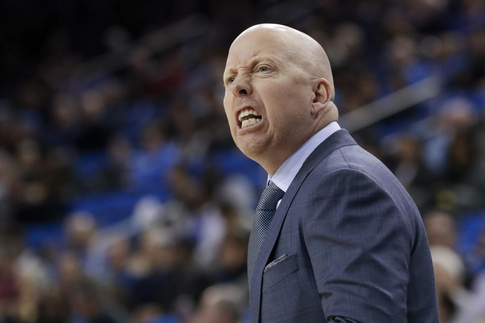 UCLA coach Mick Cronin reacts during the first half the team's NCAA college basketball game against Stanford in Los Angeles, Wednesday, Jan. 15, 2020. (AP Photo/Chris Carlson)