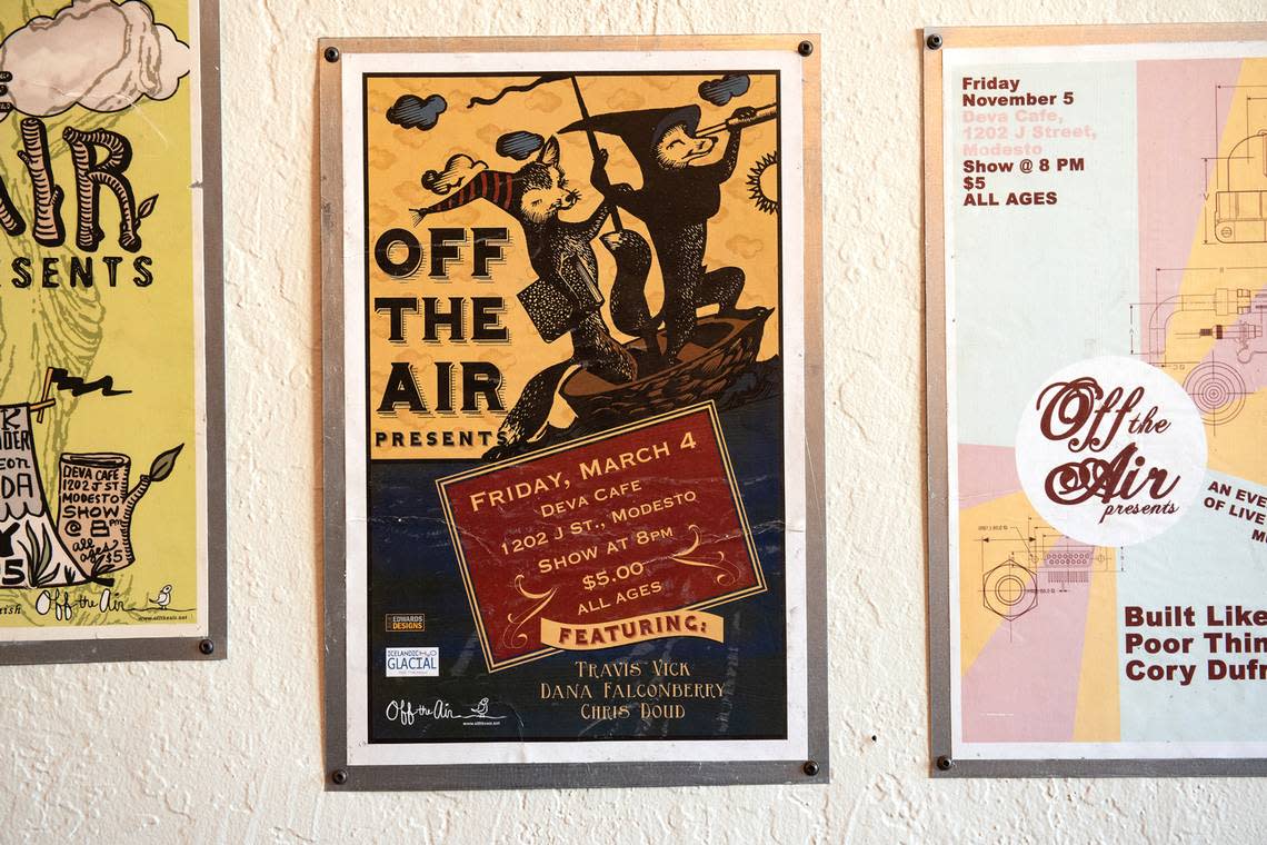 Posters of the some of the past Off The Air music events at Deva Cafe. The longtime cafe has closed in downtown Modesto, Calif., Tuesday, Oct. 25, 2022.