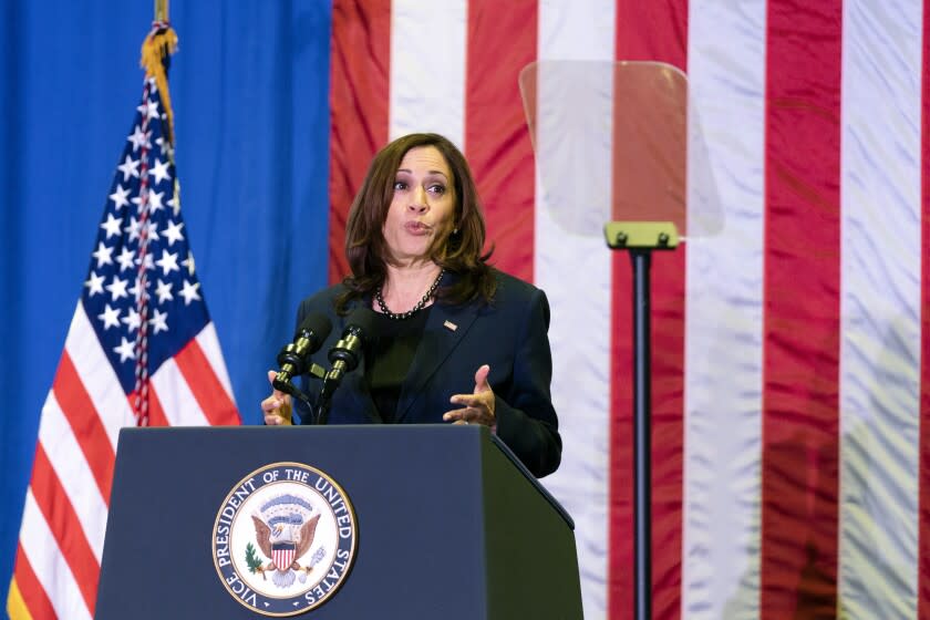 Vice President Kamala Harris speaks to the AFL-CIO about union jobs and building infrastructure, Thursday, Dec. 16, 2021, in Washington. (AP Photo/Manuel Balce Ceneta)