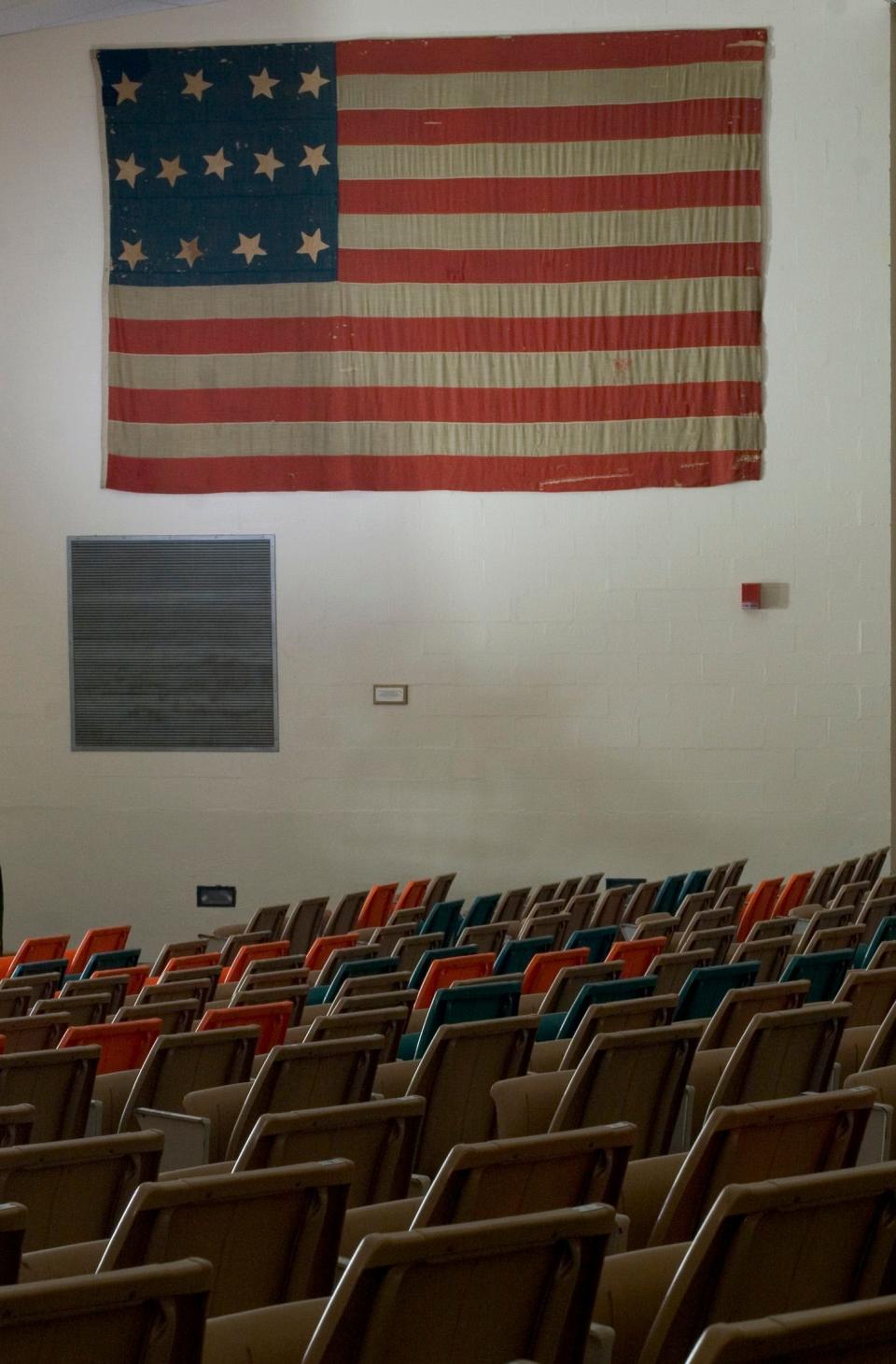 This 13-star flag, which originally belonged to Capt. Bernard O'Neil (1832-1889) was given to Wixon Middle School in 1970 and was later restored in 2014. File photo, 2004.