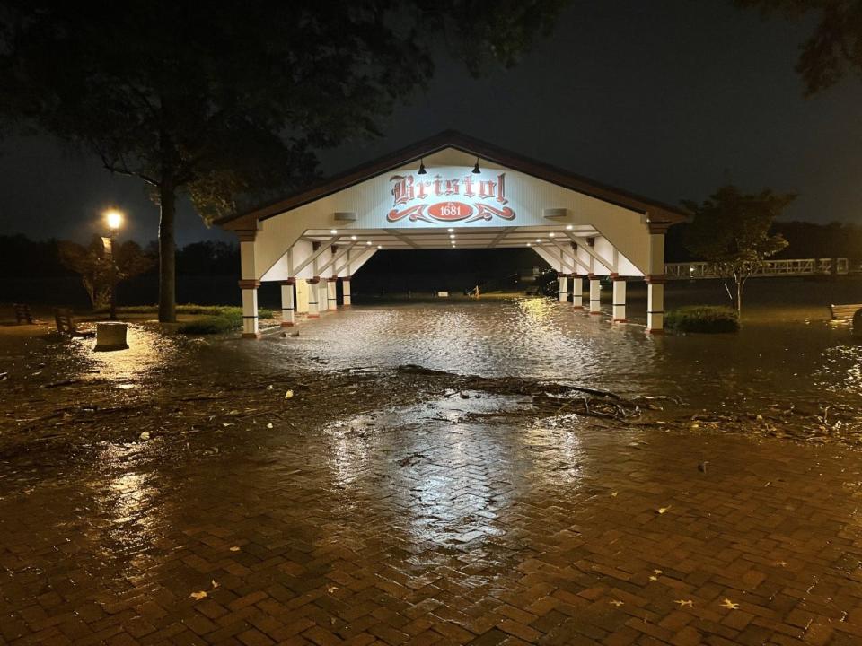 The Bristol Wharf was covered with flood waters Friday night at high tide as the Delaware River crested about 3.9 feet above its normal astronomical high tide.  A coastal flood warning remains in effect until 1 a.m. Sunday.