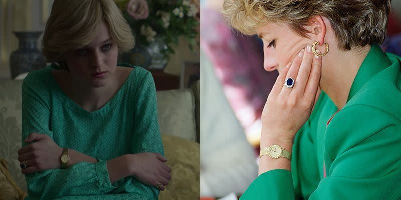 <p>In addition to her sapphire and diamond engagement ring, Princess Diana had a myriad of go-to accessories. <em>The Crown</em> paid homage to one of her favorites, a gold wrist watch, in season 4.</p>