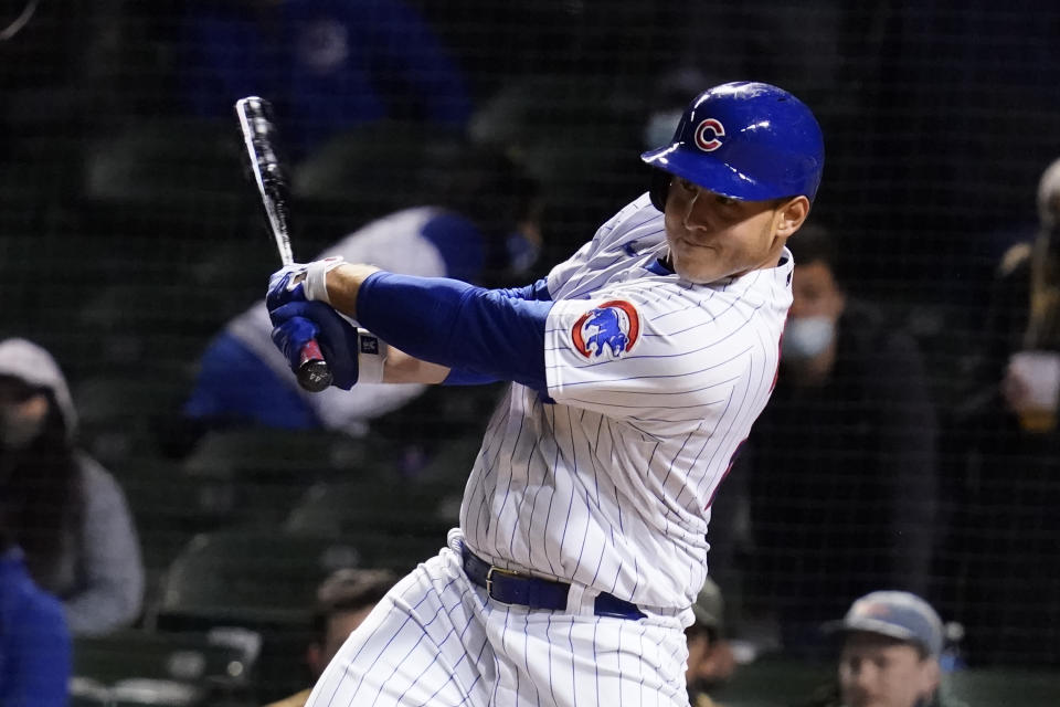 Chicago Cubs' Anthony Rizzo hits the game-winning single against the Los Angeles Dodgers during the 11th inning of a baseball game in Chicago, Wednesday, May 5, 2021. The Chicago Cubs won 6-5. (AP Photo/Nam Y. Huh)