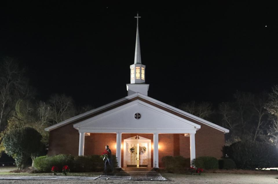 Nov 29, 2023; Plains, GA, USA; Poinsettias are placed in front of Maranatha Baptist Church in Plains, Ga. where the funeral service for former first lady Rosalynn Carter will take place on Wednesday, November 29, 2023. Rosalynn Carter died Sunday, Nov. 19, 2023 at her home in Plains, Ga. at the age of 96.