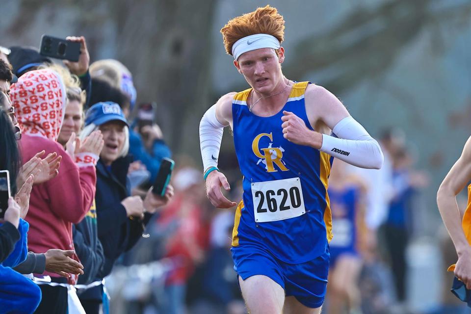 Patrick Craig from Caesar Rodney High School finishes the boys division I race at the DIAA Cross Country Championships Saturday, Nov. 11, 2023; at Brandywine Creek State Park in Wilmington, DE.