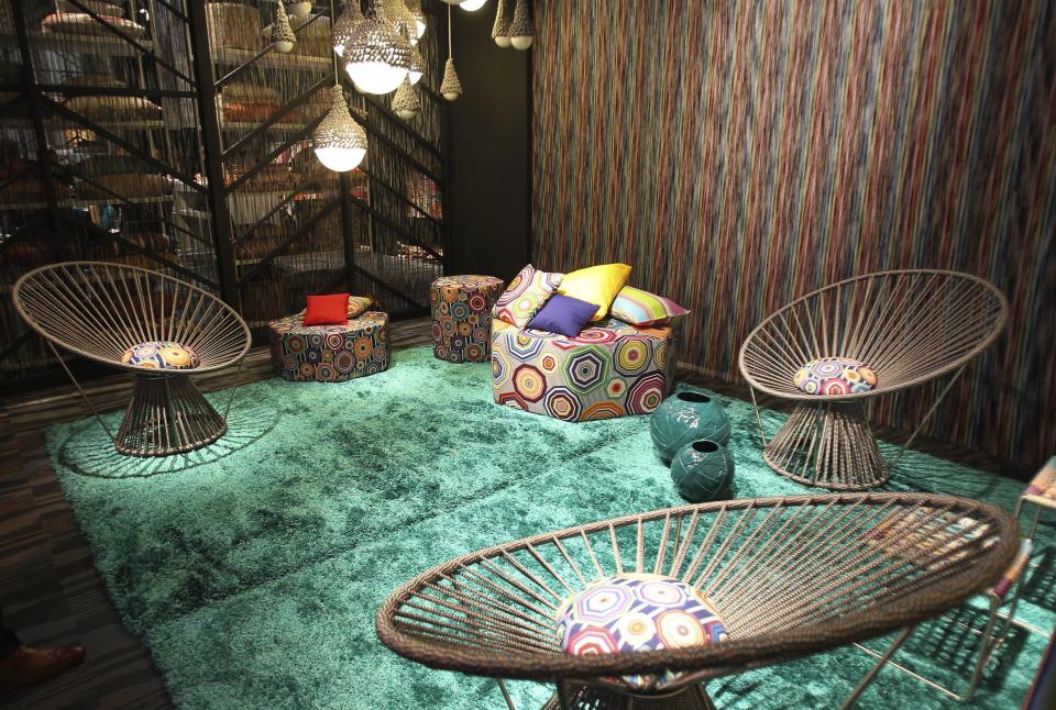 This Tuesday April 17, 2012 photo shows a view of fabrics at the Missoni Home company space during Milan's Furnishing Accessories Exhibition, in Milan, Italy. The Milan Furniture Fair, a six-day event which ended Sunday, was full of experiment and whimsy. (AP Photo/Antonio Calanni)