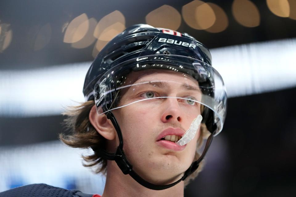 Mar 24, 2023; Columbus, Ohio, USA;  Columbus Blue Jackets center Kent Johnson (91) skates during the third period of the NHL hockey game against the New York Islanders at Nationwide Arena. The Blue Jackets won 5-4 in overtime. Mandatory Credit: Adam Cairns-The Columbus Dispatch