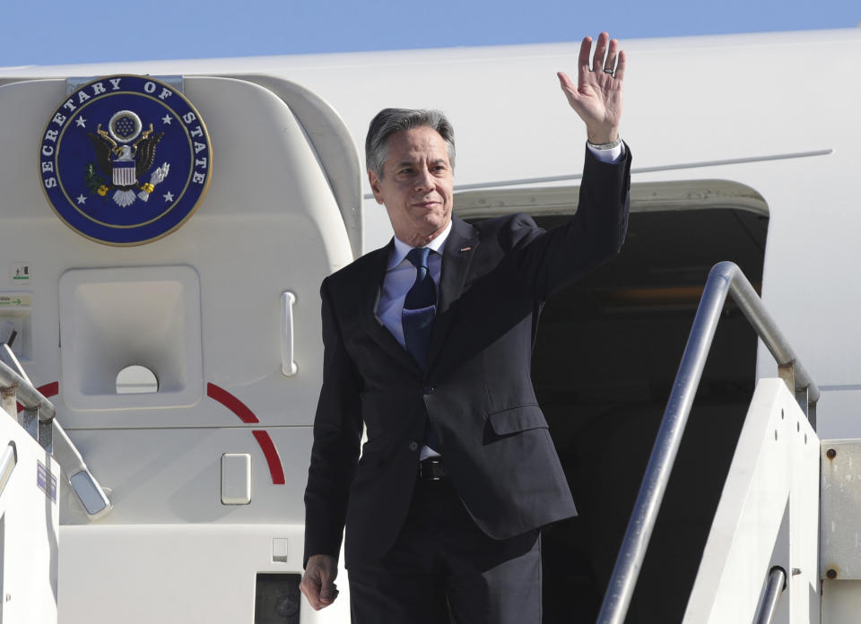 U.S. Secretary of State Antony Blinken arrives at Nene Tereza International Airport in Tirana, Albania, Thursday, Feb. 15, 2024. Blinken visits Albania to reaffirm Washington's relations with a key partner in the Western Balkan region and an ally in supporting Ukraine's sovereignty and territorial integrity. (AP Photo/Armando Babani, Pool)