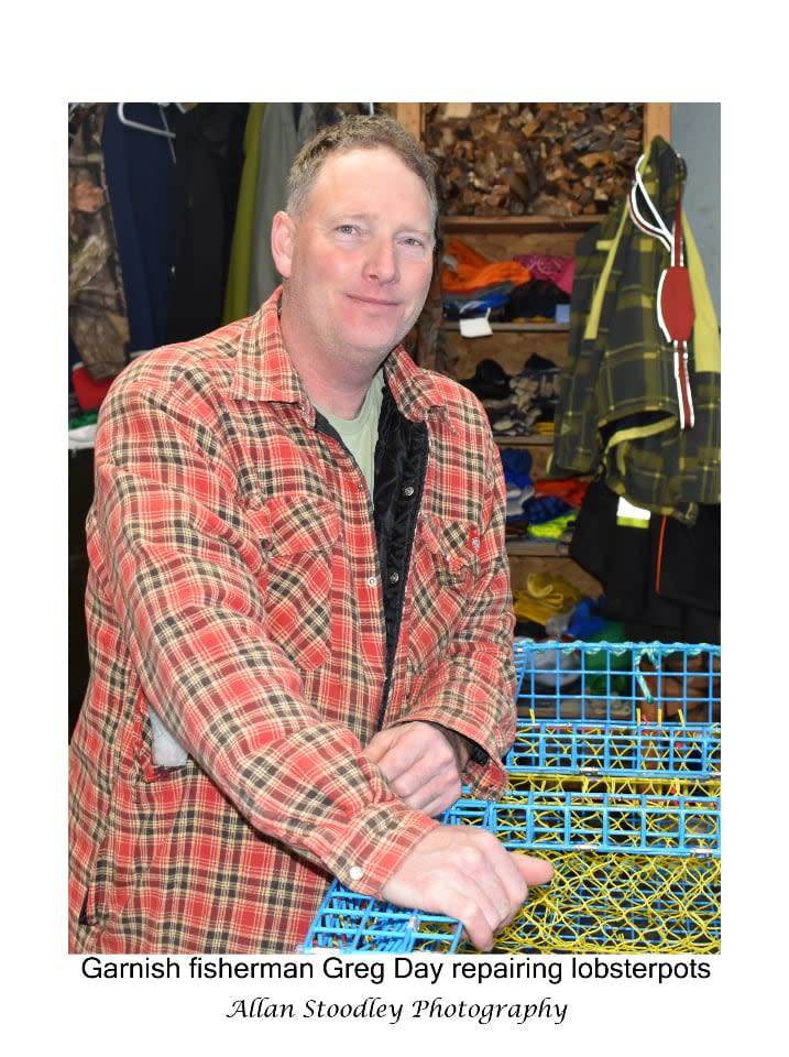 Garnish fisherman Greg Day repairs lobster pots.