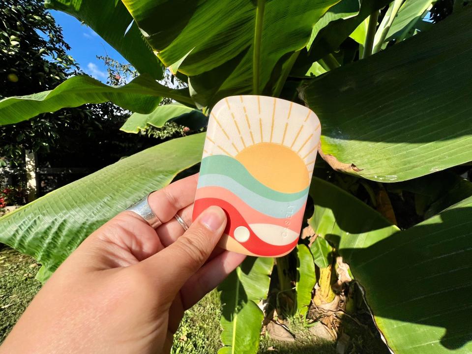 The writer holds a portable charger with a colorful sunrise design in front of plants