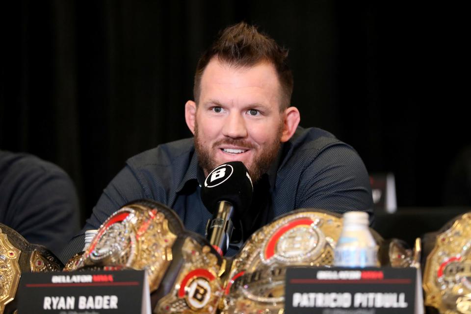 Ryan Bader speaks at a news conference promoting the Bellator Spring & Summer fight cards on Monday, March 9, 2020, in New York City. (AP Photo/Gregory Payan)