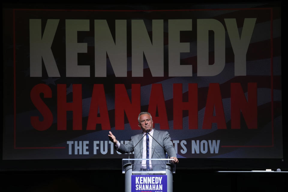 Independent presidential candidate Robert F. Kennedy Jr. speaks to supporters on April 13, 2024, in West Des Moines, Iowa.  (Charlie Neibergall / AP)