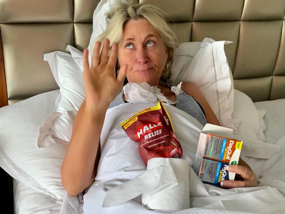 Michelle’s BFF, Lydia Kachigian, turned her into a photo op when she was sick on vacation. In this photo, she had run out of Kleenex and resorted to toilet paper for blowing her nose.