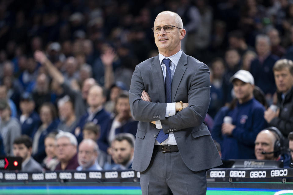 Connecticut's head coach Dan Hurley looks on during the first half of an NCAA college basketball game against Villanova Saturday, Jan. 18, 2020, in Philadelphia. Villanova won 61-55. (AP Photo/Chris Szagola)