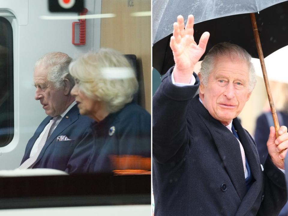 König Charles und Camilla haben es sich im ICE gemütlich gemacht. Bei der Ankunft in Hamburg war dann der Regenschirm gefragt. (Bild: FlashPic - Pool/Getty Images / Sebastian Reuter/Getty Images)