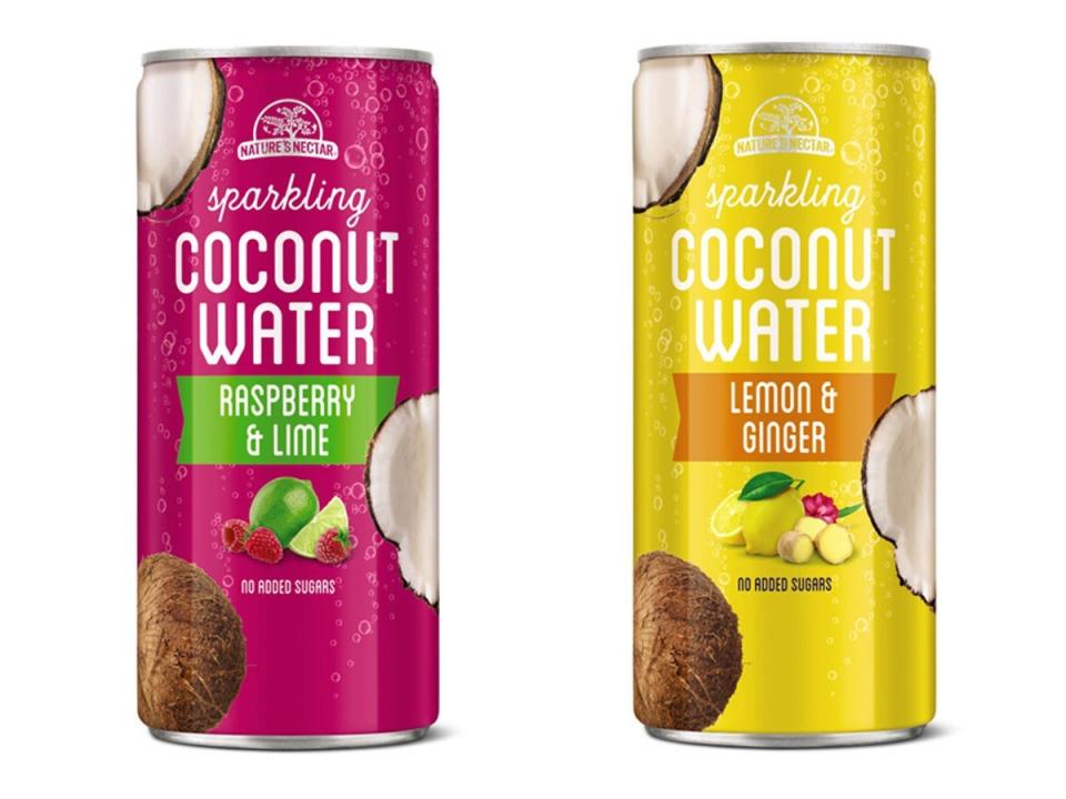 Purple and yellow cans of sparkling coconut water from Aldi