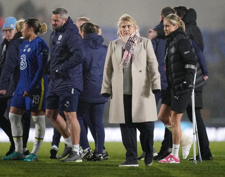 Emma Hayes, second right, saw her side beaten by Manchester City despite taking the lead (Yui Mok/PA) (PA Wire)