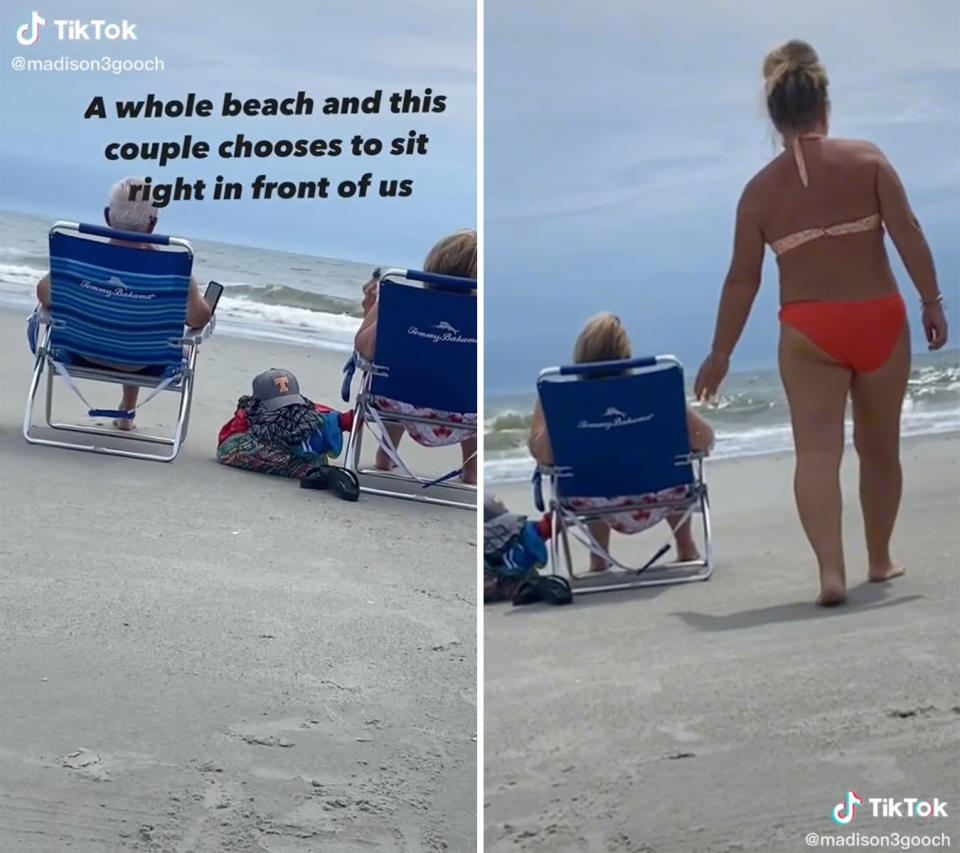 L: Two older people on a beach sitting in blue beach chairs. R: TikToker Madison's mum sprinkles chips behind their chairs