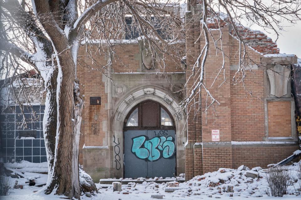 Southwestern High School in southwest Detroit is in the final phase of being demolished on Jan. 26, 2023. A view of what is left can still be seen from Fort Street.