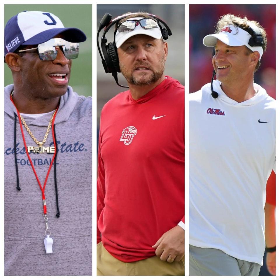 From left to right: Jackson State's Deion Sanders, Liberty's Hugh Freeze, Ole Miss' Lane Kiffin