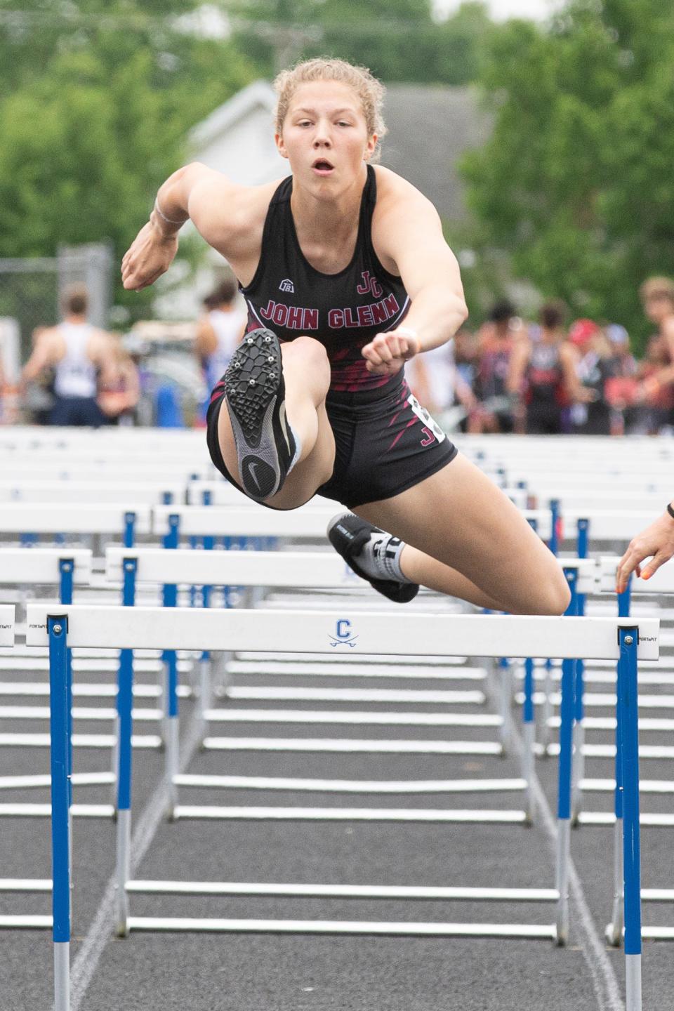 John Glenn’s Kara Fields took second place in the girls 100-meter hurdles with a time of 15.43 at the Division II regional track meet held at Chillicothe High School’s Obadiah Harris & Family Athletic Complex on Saturday, May 28, 2022, in Chillicothe, Ohio.