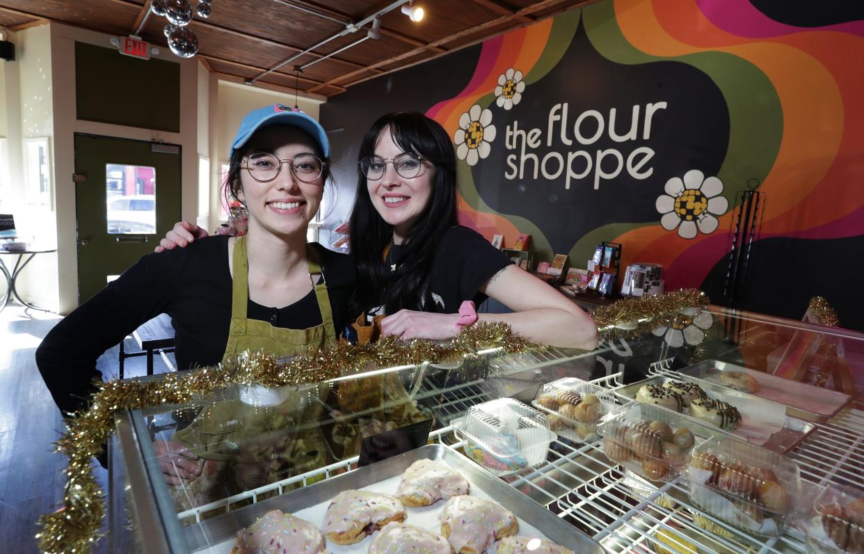 Erin Tachi, left, and Ashley Bender are co-owners of the newly opened The Flour Shoppe vegan bakery in Louisville, Ky. on Feb. 19, 2023.  