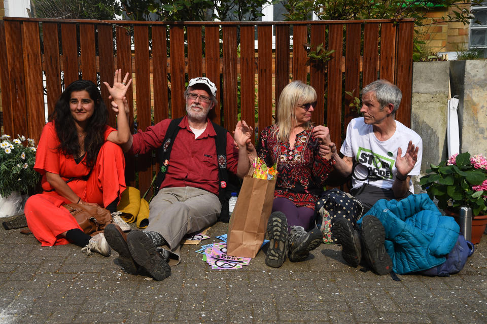 Climate activists outside Jeremy Corbyn’s house in north London. (PA)